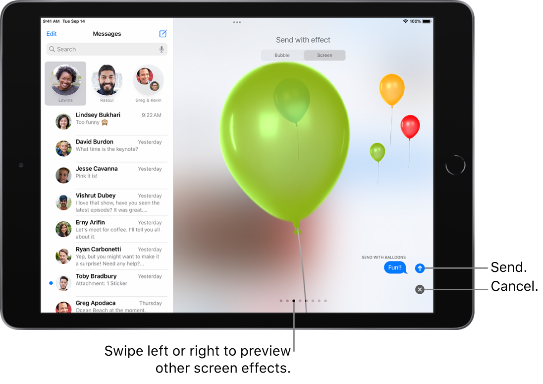 A message preview showing a full-screen effect with balloons.