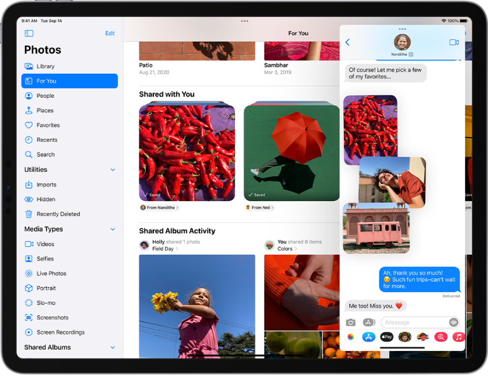 A Photos app fills the screen. Messages is open in a Slide Over window on the right side of the screen.