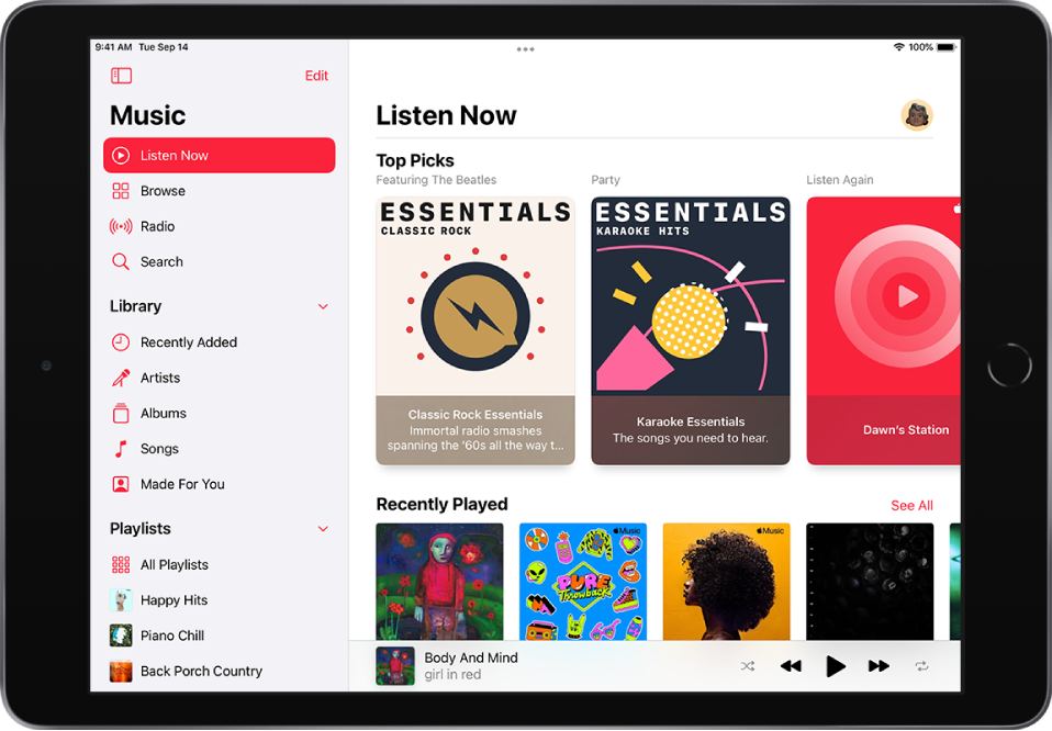 The Listen Now screen showing the sidebar on the left and the Listen Now section at the right. The Listen Now section has the profile button at the top right. Top Picks playlists appear below. Below Top Picks is the Recently Played section, showing four albums.