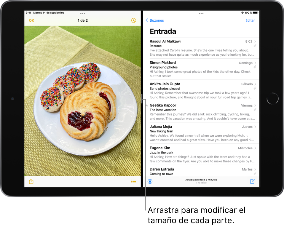 En la parte izquierda de la pantalla, hay abierta una app de gráficos, mientras que la app Mail está abierta a la derecha. Entre las apps hay un separador ajustable que permite cambiar el tamaño de las zonas divididas.