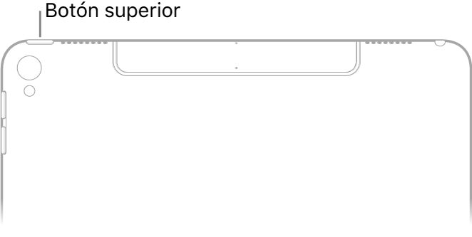 Parte posterior de la parte superior del iPad. El botón superior (o botón de reposo/activación) se encuentra en el borde superior, en la esquina superior izquierda.