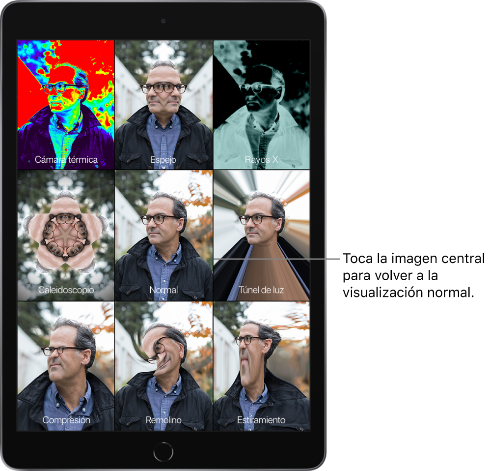 Pantalla de Photo Booth con nueve visualizaciones de la cara de un hombre, con distintos efectos en mosaicos diferentes. En la fila superior, de izquierda a derecha, se encuentran los efectos “Cámara térmica”, Espejo y “Rayos X”. En la fila central, de izquierda a derecha, están los efectos Caleidoscopio, Normal y “Túnel de luz”. La fila inferior contiene, de izquierda a derecha, los efectos Compresión, Remolino y Estiramiento.