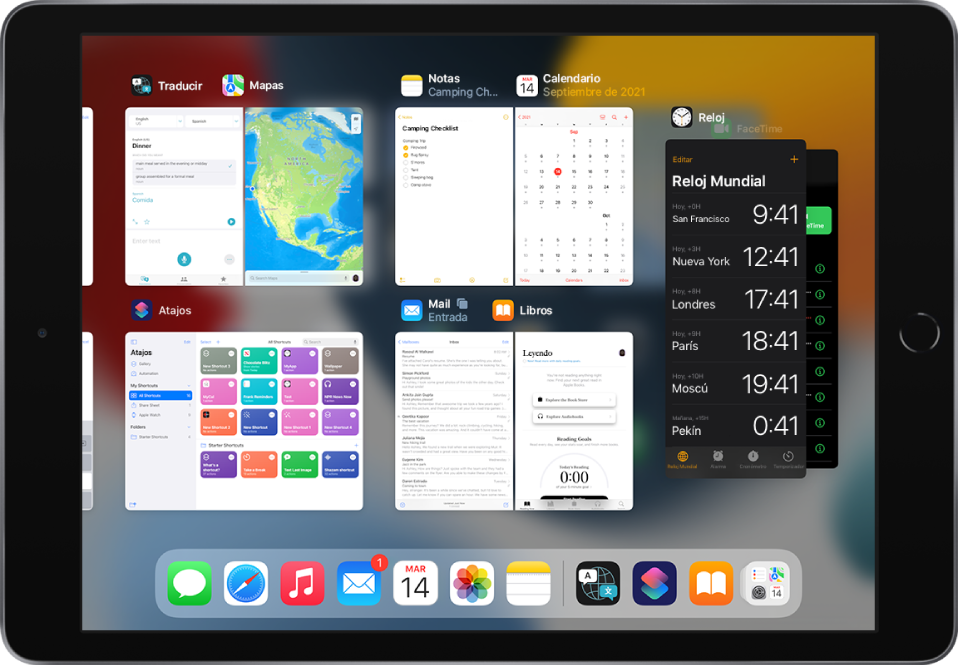 Pantalla del selector de app con varias apps, espacios de trabajo Split View y ventanas de Slide OVer.