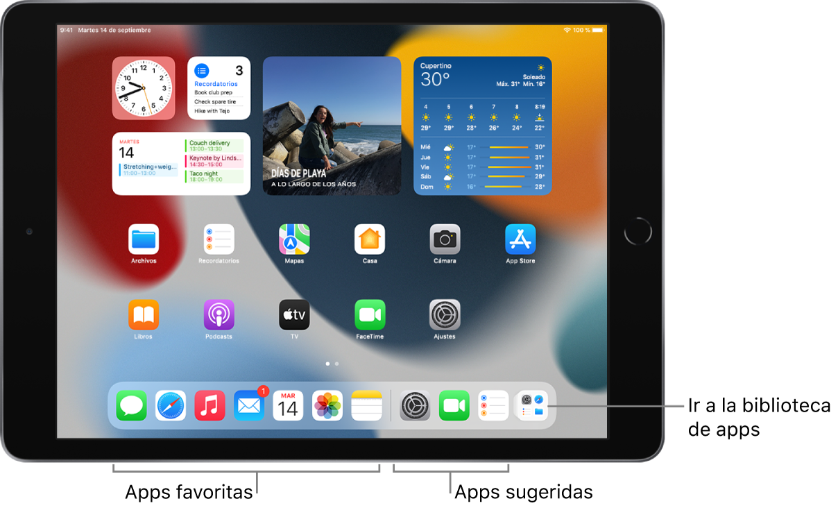 El Dock con siete apps favoritas a la izquierda y tres apps sugeridas a la derecha. El icono situado más a la derecha en el Dock abre la biblioteca de apps.