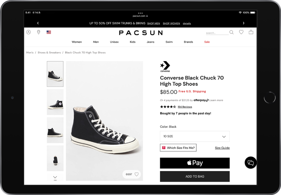 Tuotteen verkkosivu, jossa on Apple Pay -painike alaoikealla.
