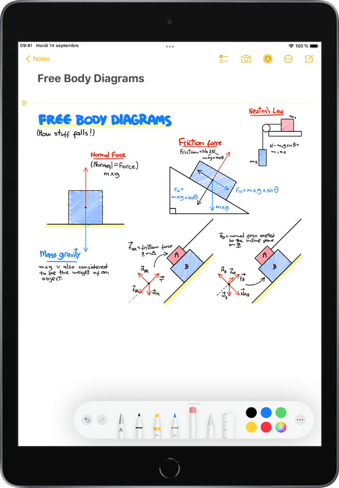 Un diagramme de corps libre manuscrit dans l’app Notes, avec des formules et des notes. La barre d’outils d’annotation apparait au bas de l’écran, affichant des outils de dessin et des sélections de couleur.