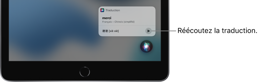 Siri affiche une traduction de l’expression anglaise « thank you » en mandarin. Un bouton situé à droite de la traduction relance l’audio de la traduction.