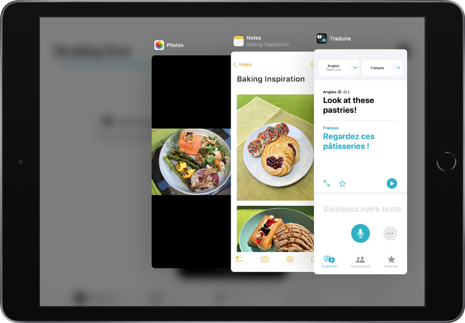 Trois apps ouvertes dans la fenêtre Slide Over.