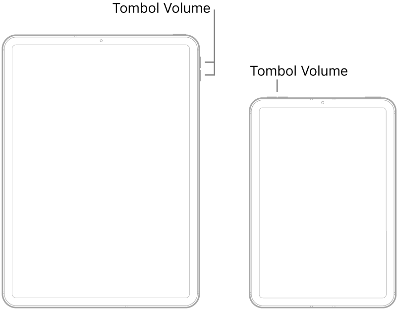 Dua model iPad berbeda ditampilkan dari depan. Model di sebelah kiri memiliki tombol volume di dekat sisi kanan atas dan tombol atas di kanan atas. Model di sebelah kanan memiliki tombol volume di kiri atas dan tombol atas/Touch ID di kanan atas.