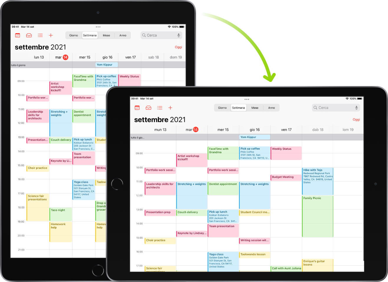 Sullo sfondo, iPad mostra una schermata di Calendario in orientamento verticale; in primo piano, iPad è ruotato e mostra la schermata di Calendario in orientamento orizzontale.