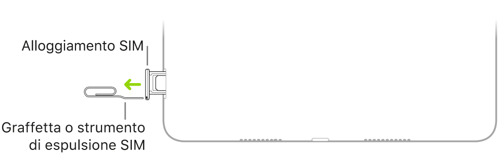 Una graffetta o uno strumento per l'espulsione della SIM inserito nel piccolo foro dell'alloggiamento della SIM sul lato destro di iPad.