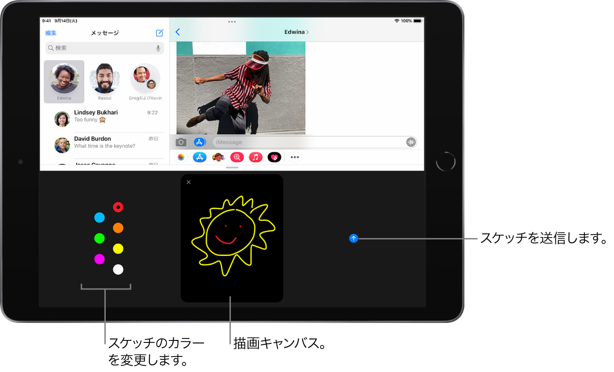 「メッセージ」画面。下部にDigital Touch画面が表示されています。左側にカラーの選択肢、中央に描画キャンバス、右側に送信ボタンがあります。