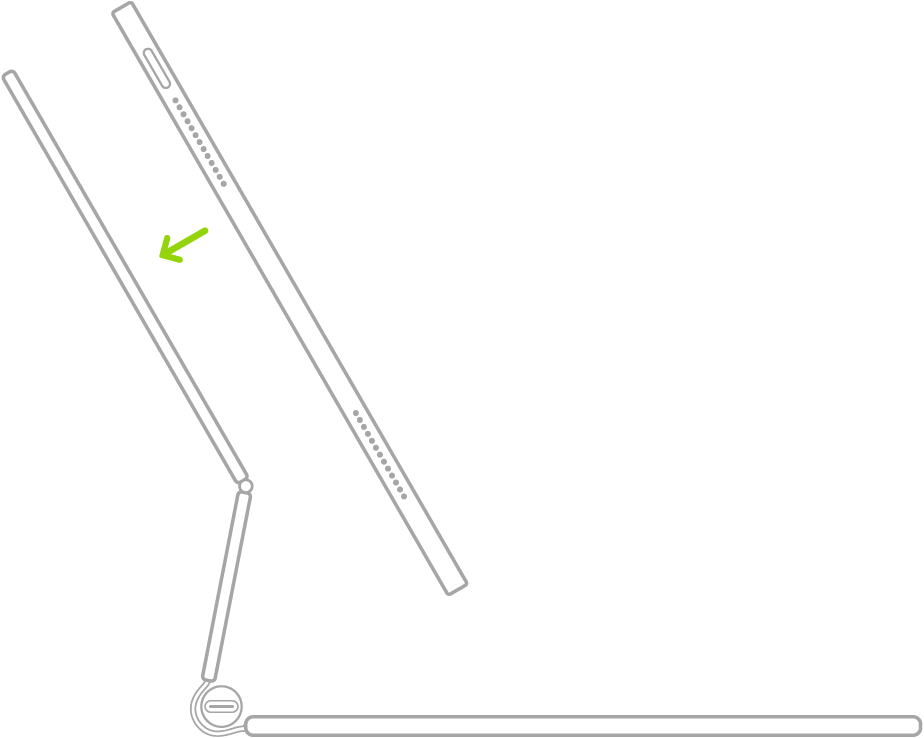 Ilustracja przedstawiająca otwartą i rozłożoną klawiaturę Magic Keyboard do iPada. iPad umieszczony jest nad klawiaturą i jest do niej przyczepiony.
