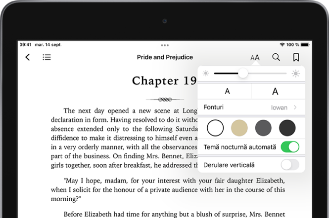 Meniul pentru aspect dintr-o carte este selectat, afișând, de sus în jos, comenzi pentru luminozitate, dimensiunea fontului, stilul de font, culoarea paginii, tema nocturnă automată și vizualizarea derulabilă.