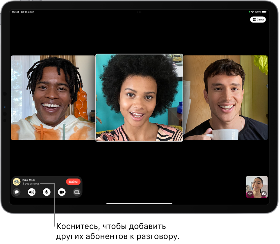 Групповой вызов FaceTime с четырьмя участниками, включая организатора. Каждый участник показан в отдельном окне.
