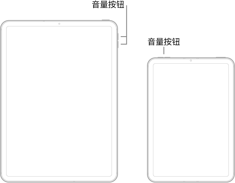 两款不同 iPad 机型的正面视图。左侧机型的右上方附近是音量按钮，右上方是顶部按钮。右侧机型的左上方是音量按钮，右上方是顶部/触控 ID 按钮。