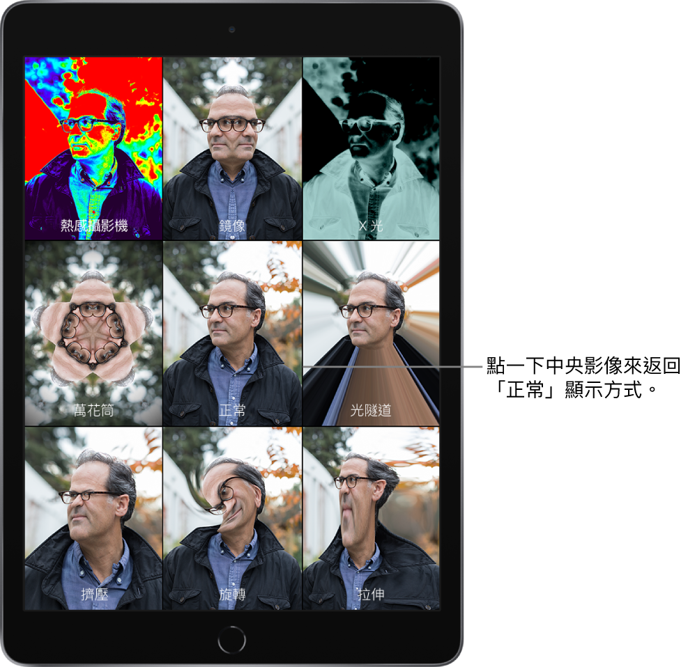Photo Booth 畫面顯示男性面孔的九種顯示方式，每格套用不同特效。頂部列由左至右為：熱感攝影機、鏡像和 X 光效果。中間列由左至右為：萬花筒、正常和光隧道效果。底部列由左至右為：擠壓、旋轉和拉伸效果。
