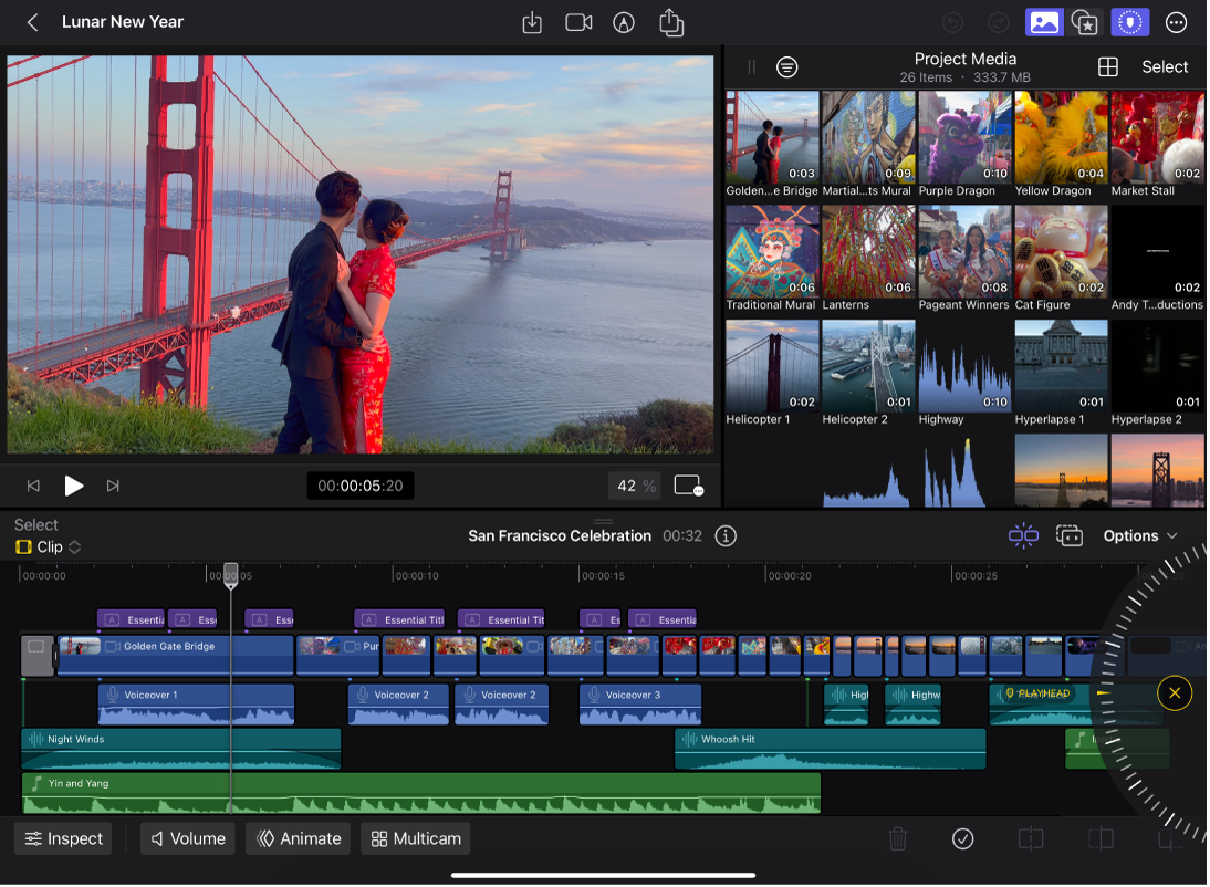 The main workspace in Final Cut Pro for iPad, with the viewer and browser at the top, and the timeline at the bottom.