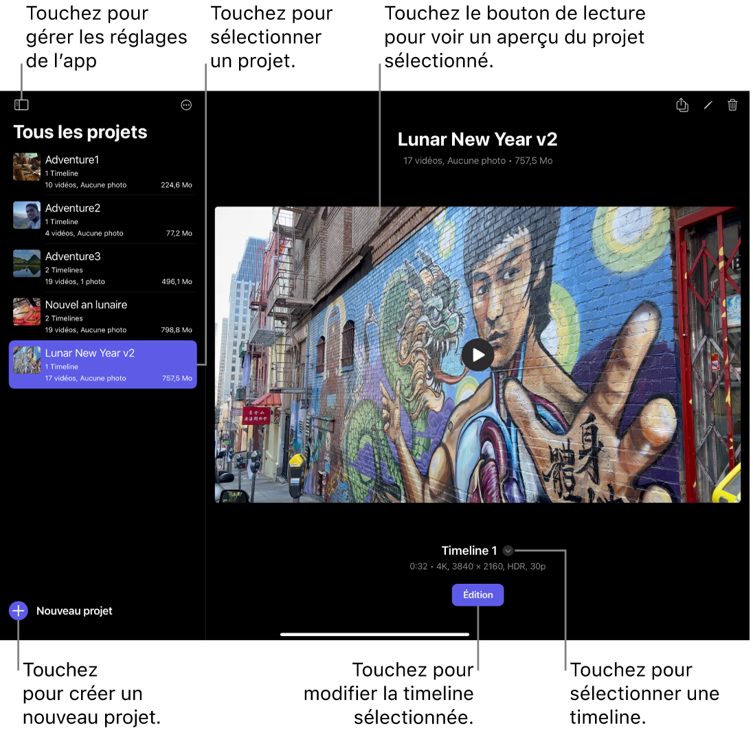 Écran Projets affichant la liste de projets à gauche, l’aperçu de projet à droite, ainsi que des boutons permettant de créer un projet, de sélectionner une timeline et d’ouvrir la timeline sélectionnée pour le montage.