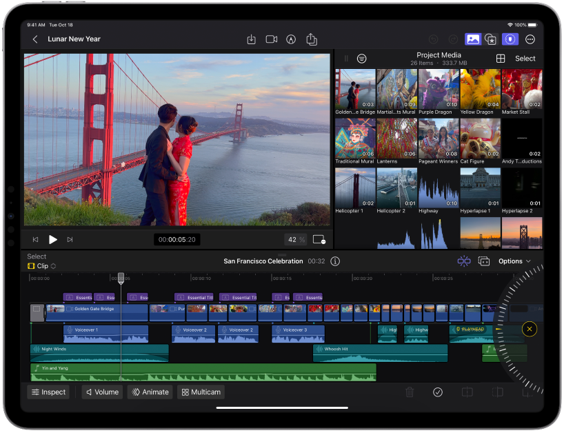 iPad 版 Final Cut Pro 窗口显示检视器、浏览器和时间线。