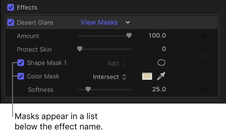 Der Abschnitt „Effekte“ des Informationsfensters „Video“ mit einer zu einem Effekt hinzugefügten Formmaske und einer Farbmaske