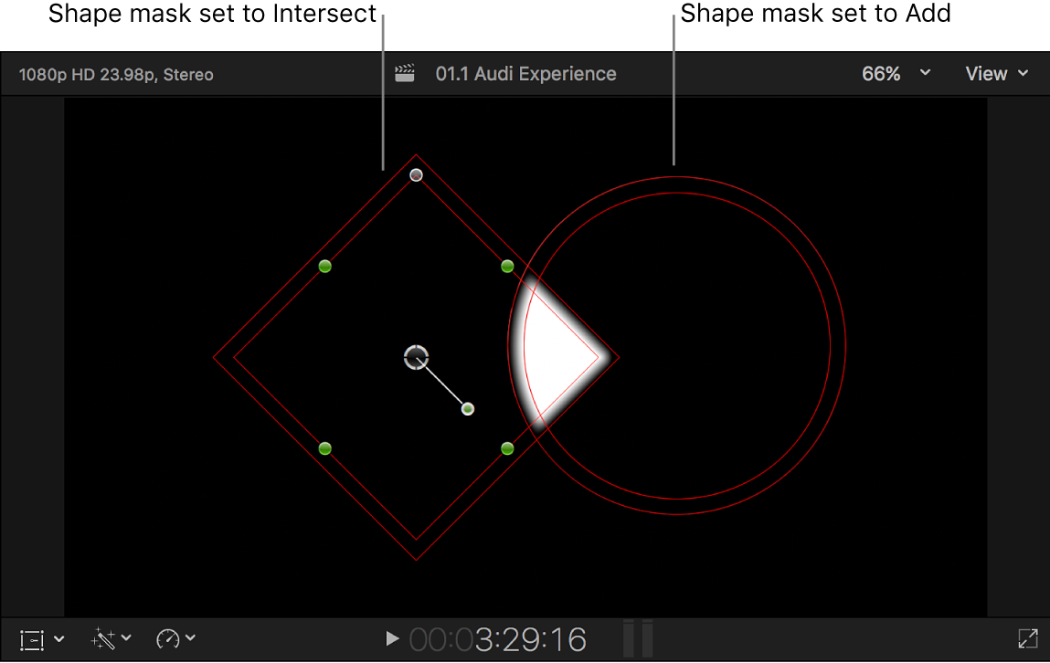 Der Viewer mit zwei überlappenden schwarzen Formen, bei denen der überlappende Bereich in Weiß auf einem schwarzen Hintergrund dargestellt wird