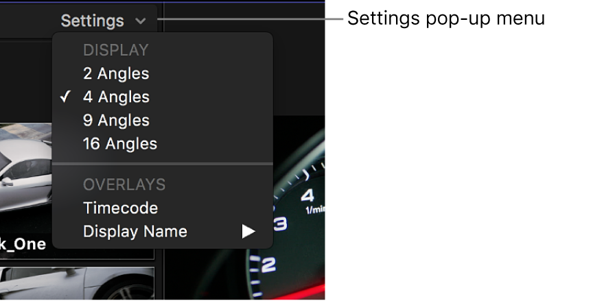The Settings pop-up menu in the angle viewer