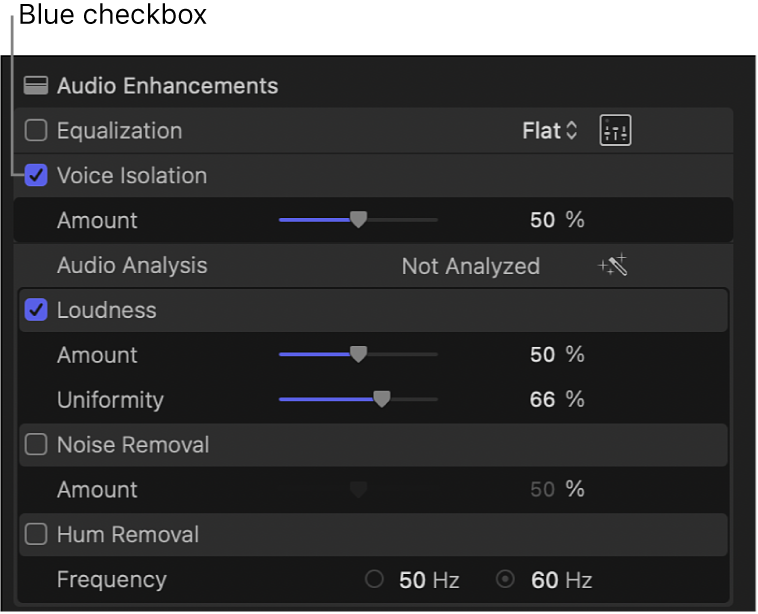 The Audio Enhancements section of the Audio inspector, showing the Equalization, Voice Isolation, Loudness, Noise Removal, and Hum Removal controls. Blue checkboxes next to Voice Isolation and Loudness indicate that those enhancements are turned on.