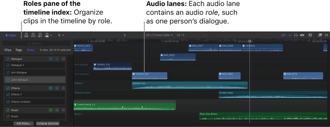 The timeline showing audio lanes and a role selected in the timeline index