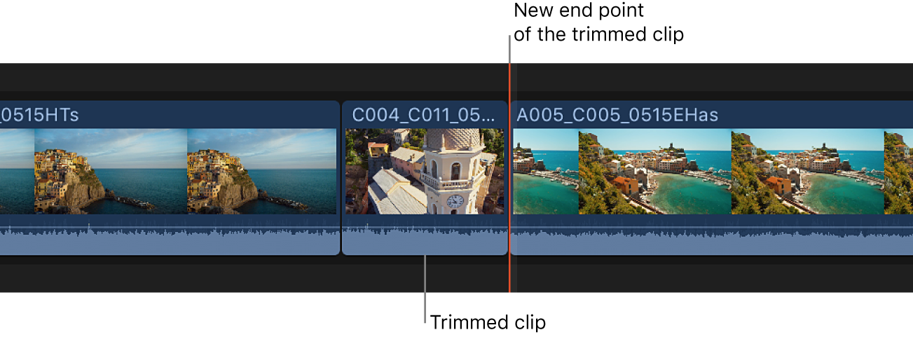 A clip trimmed to the skimmer position in the timeline