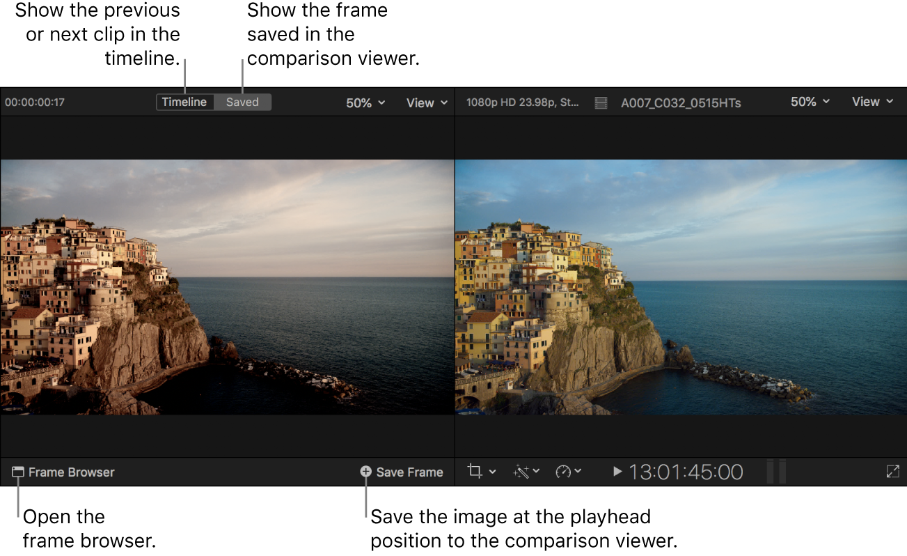 The comparison viewer shown in Saved mode to the left of the viewer, with the Timeline and Saved buttons at the top, the Frame Browser button in the lower left, and the Save Frame button in the lower right
