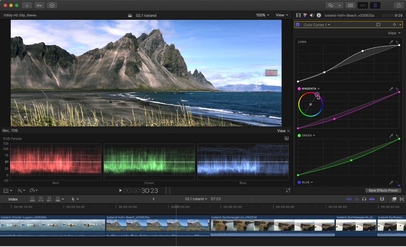 The viewer, timeline, waveform monitor, and Color inspector showing a Color Curves color correction effect applied