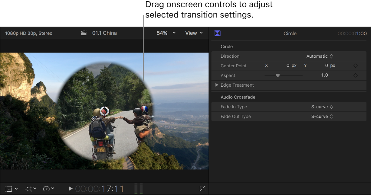 The viewer showing onscreen controls for the selected transition, and the Transition inspector open on the right