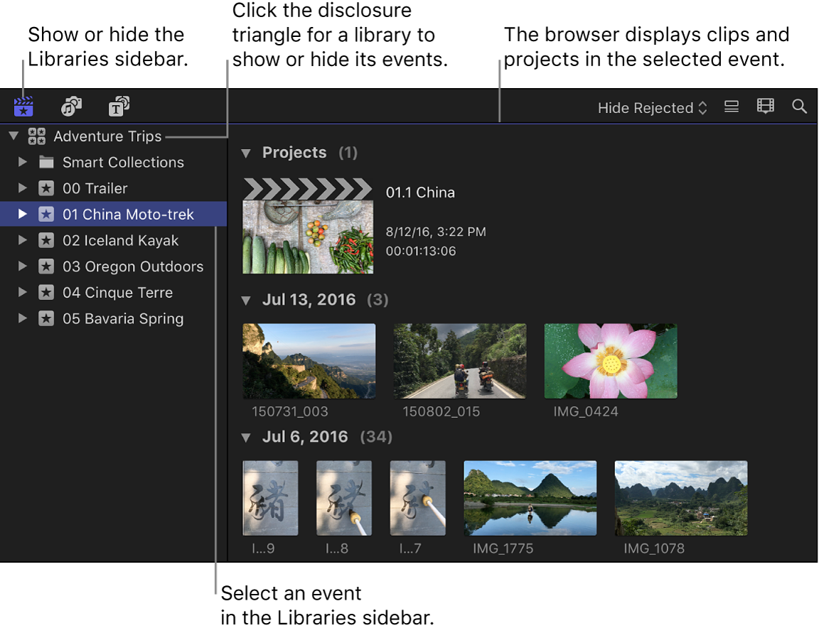 Libraries open in the Libraries sidebar, and a selected event shown in the browser