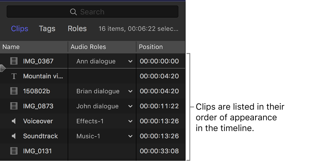 Clips listed in the timeline index