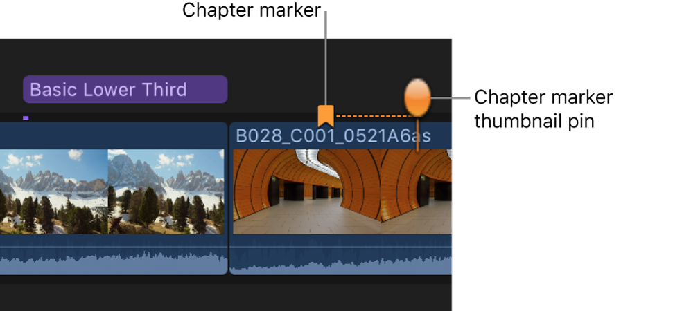 A chapter marker and a chapter marker thumbnail pin on a clip in the timeline