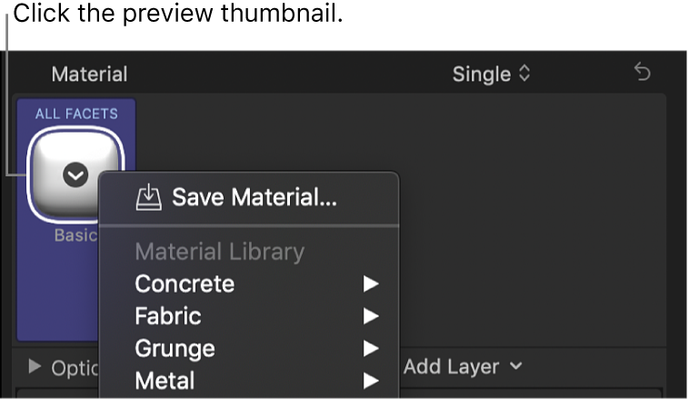 The 3D Text section of the Text inspector, showing the material presets pop-up menu