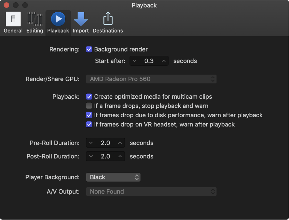 The Playback pane of the Preferences window