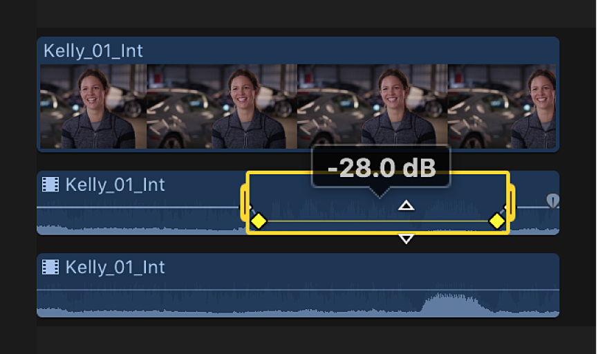 A selected range in an audio component in the timeline before volume is adjusted