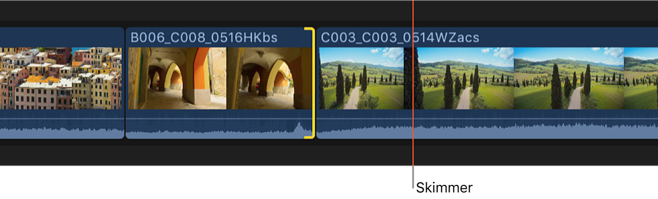 The skimmer positioned on a clip in the timeline to define a new edit point