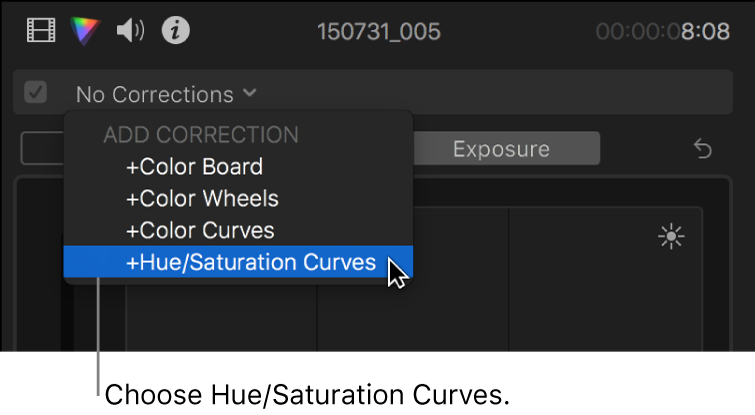 Hue/Saturation Curves being chosen from the Add Correction section of the pop-up menu at the top of the Color Inspector