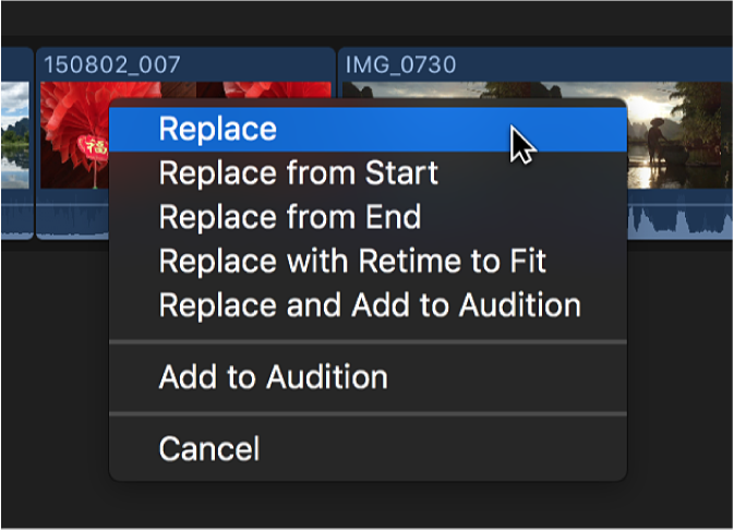 The Replace option in a shortcut menu in the timeline