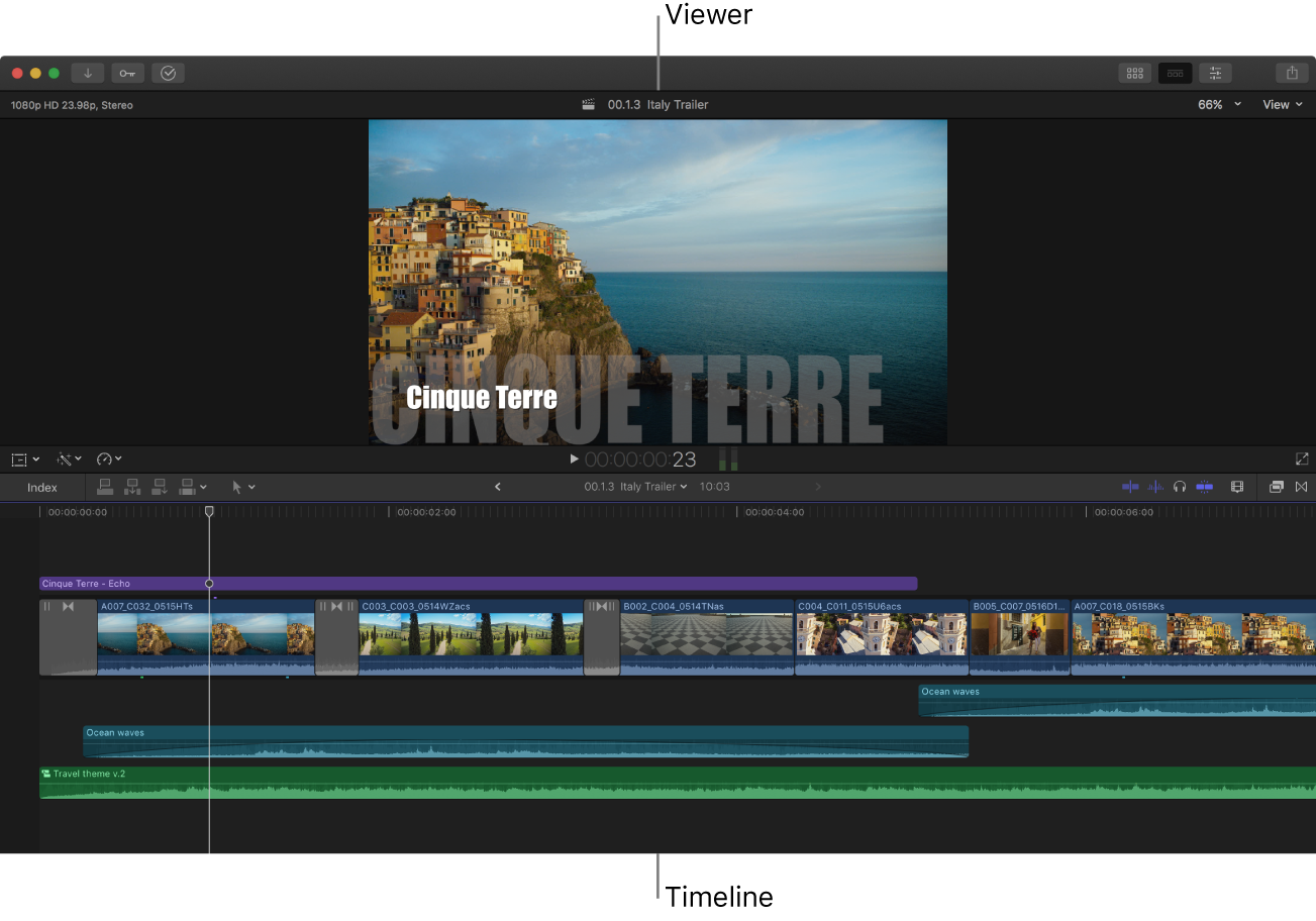 The Final Cut Pro window with just the viewer and the timeline showing