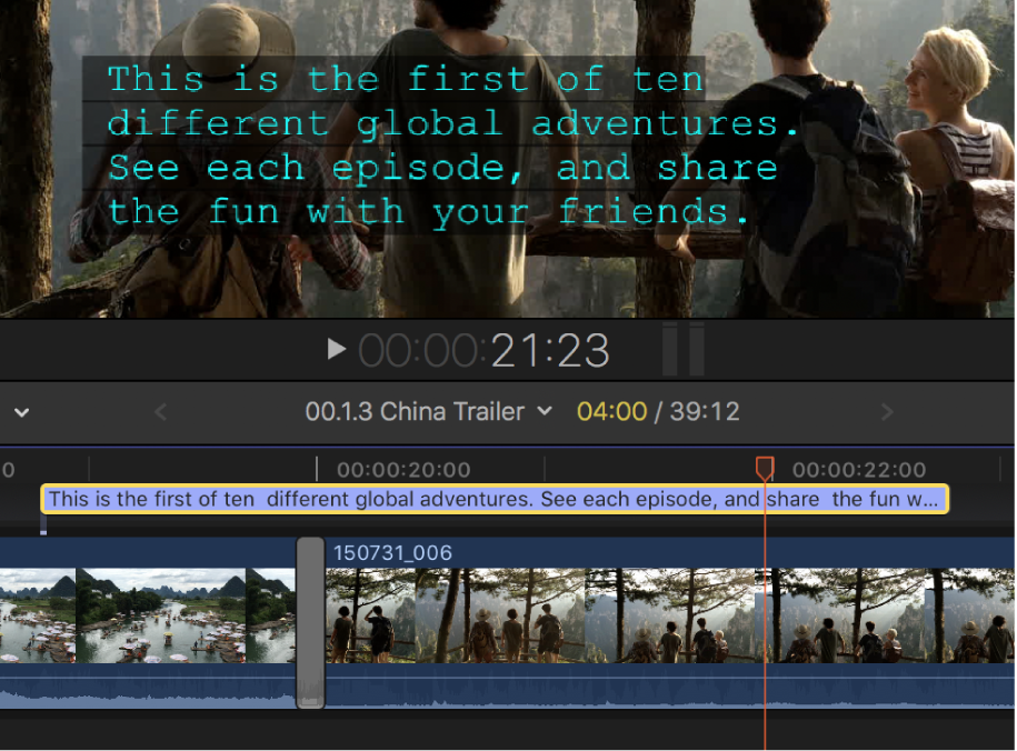 A four-line caption in the viewer and the timeline