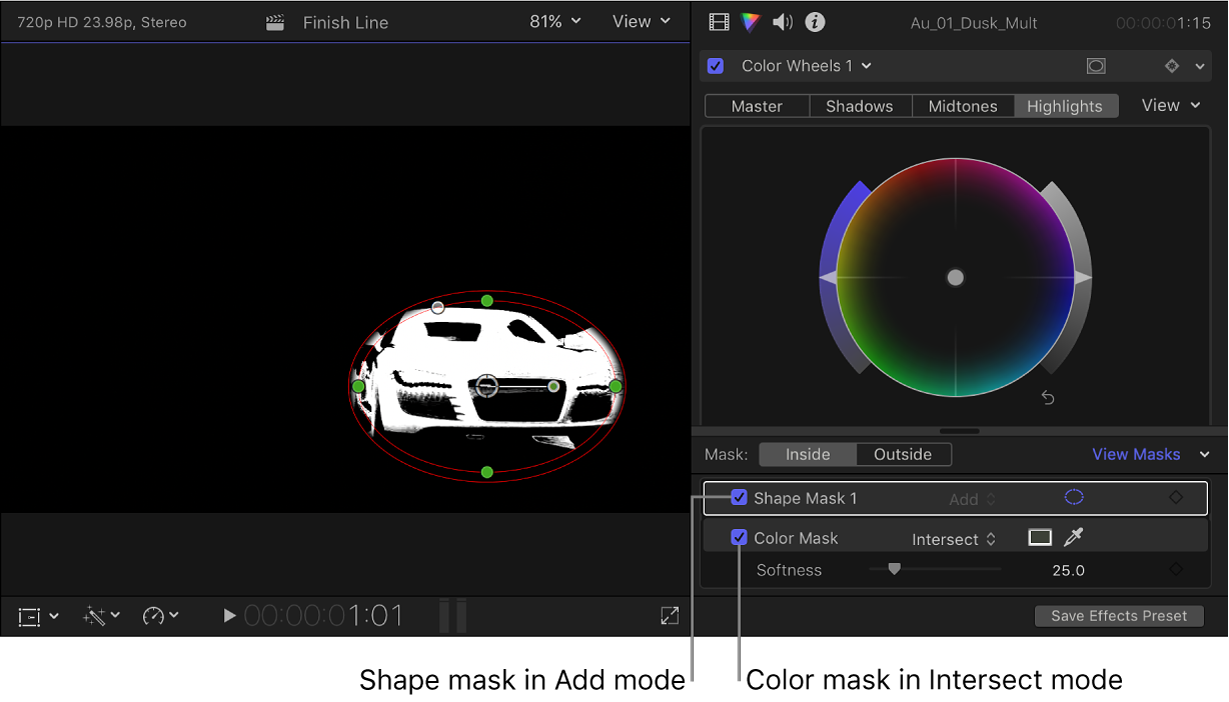 The viewer showing one car isolated by the two masks, and the Color inspector showing mask settings