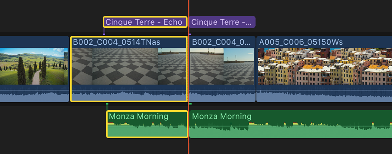 A new edit point appearing across multiple clips in the timeline