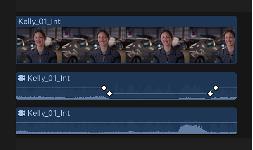 An audio component in the timeline after the volume of the selected range is adjusted