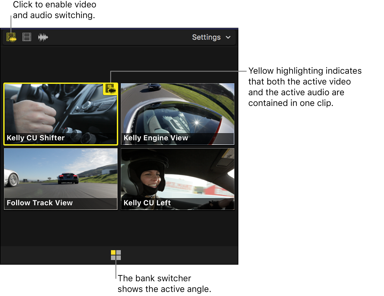 The angle viewer shown with video and audio switching enabled