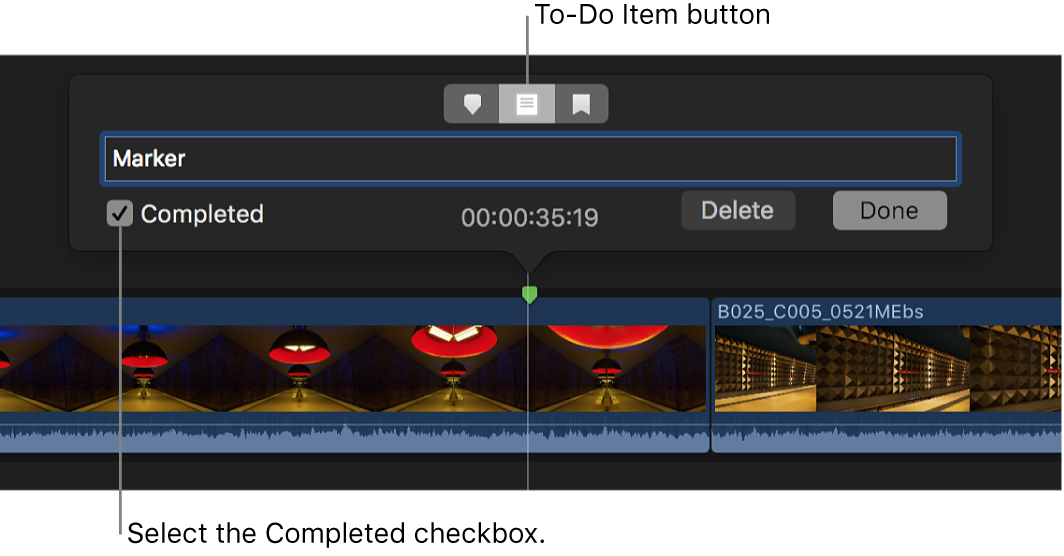 The Completed checkbox selected for a to-do item marker, and the marker appearing green in the timeline