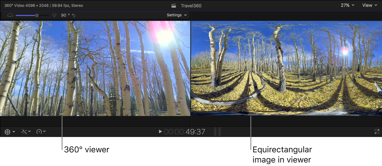 The 360° viewer and the standard viewer, showing different projections of the same 360° image